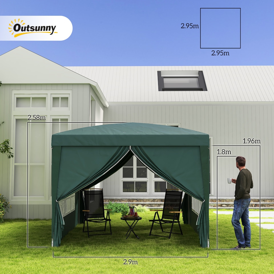 image 1 of Outsunny 3 x 3 m Garden Pop Up Gazebo, Wedding Party Tent Marquee, Water Resistant Awning Canopy with Sidewalls, Windows, Carry Bag, Green