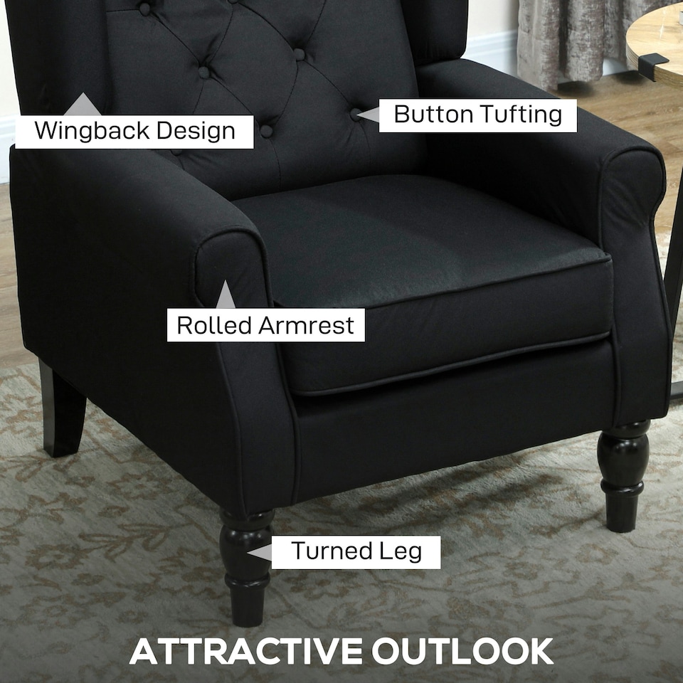 image 1 of HOMCOM Accent Chair Wingback Armchair Retro Tufted Club Wood Fabric, Black Black