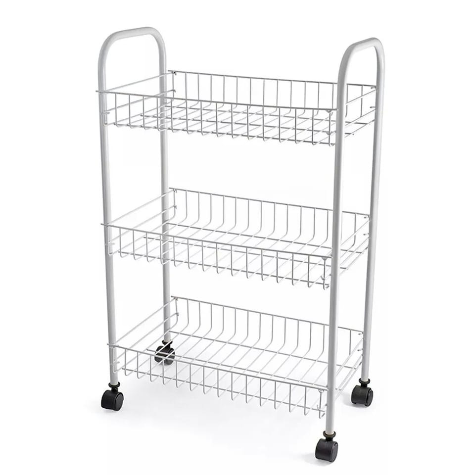 image 1 of 3 Tier Fruit Trolly Basket Rack Kitchen Storage Vegetable Cart Wheels Roller DIY - White