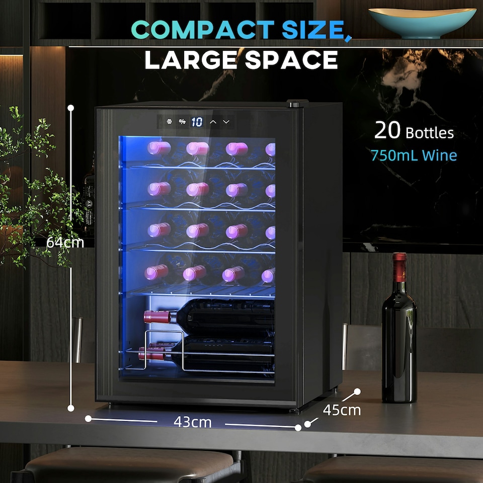 image 1 of Freestanding Wine Cooler Fridge with Glass Door, 20 Bottle, LED Light Black