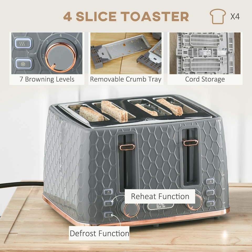 image 1 of HOMCOM 1.7L Kettle and Toaster Set with Defrost Reheat and Crumb Tray Grey