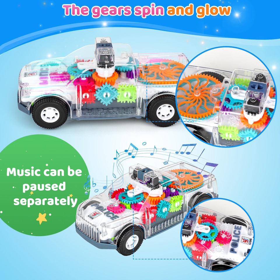 image 1 of Electric Transparent Police Gear Car Toy - Light & Sound Effects with Rotation & Obstacle Avoidance
