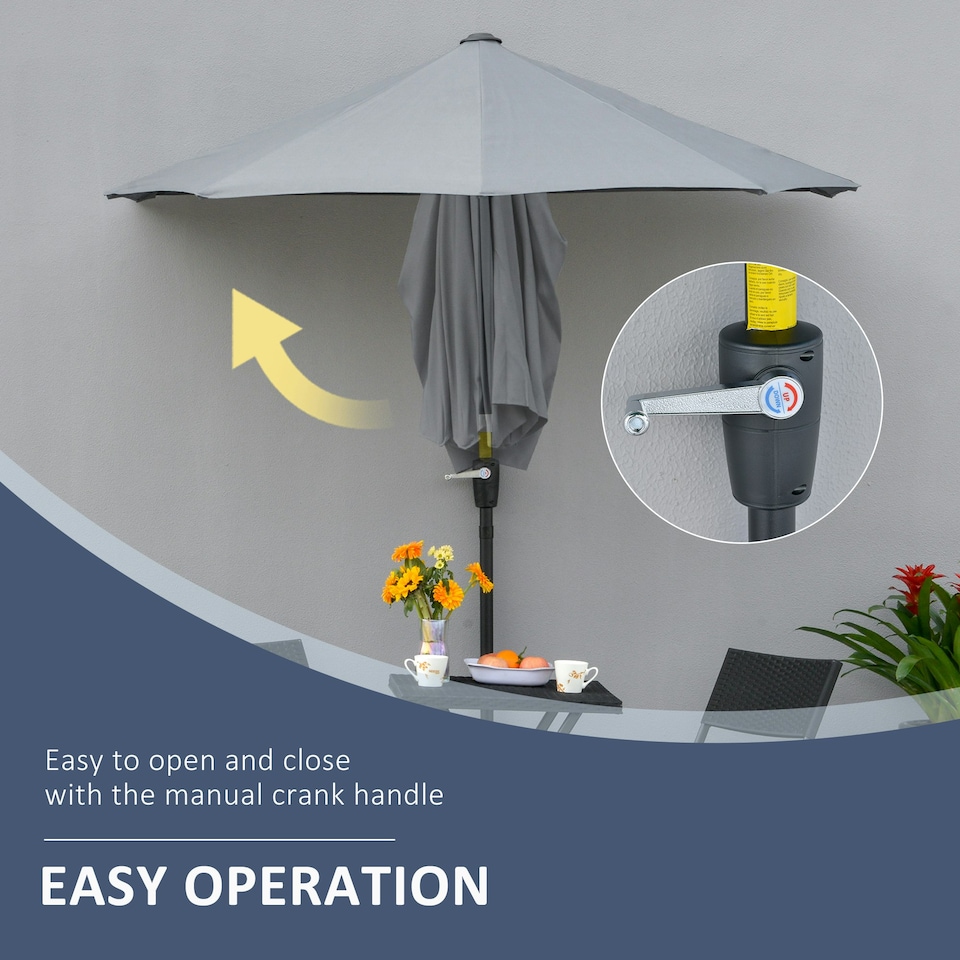 image 1 of Outsunny 2m Half Garden Parasol Market Umbrella w/ Crank Handle, Base Dark Grey