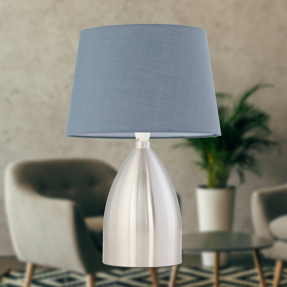 image 1 of First Choice Lighting Valentina Brushed Chrome Touch Lamp with Grey Cotton Shade Silver | Grey