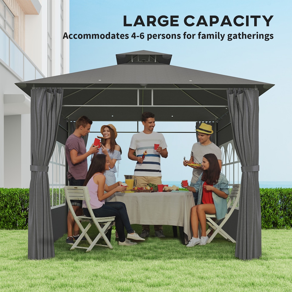 image 1 of Outsunny 3 x 3 m Garden Gazebo, Double Roof Metal Gazebo with Removable Sidewalls and Church Windows, Outdoor Canopy Shelter, Dark Grey