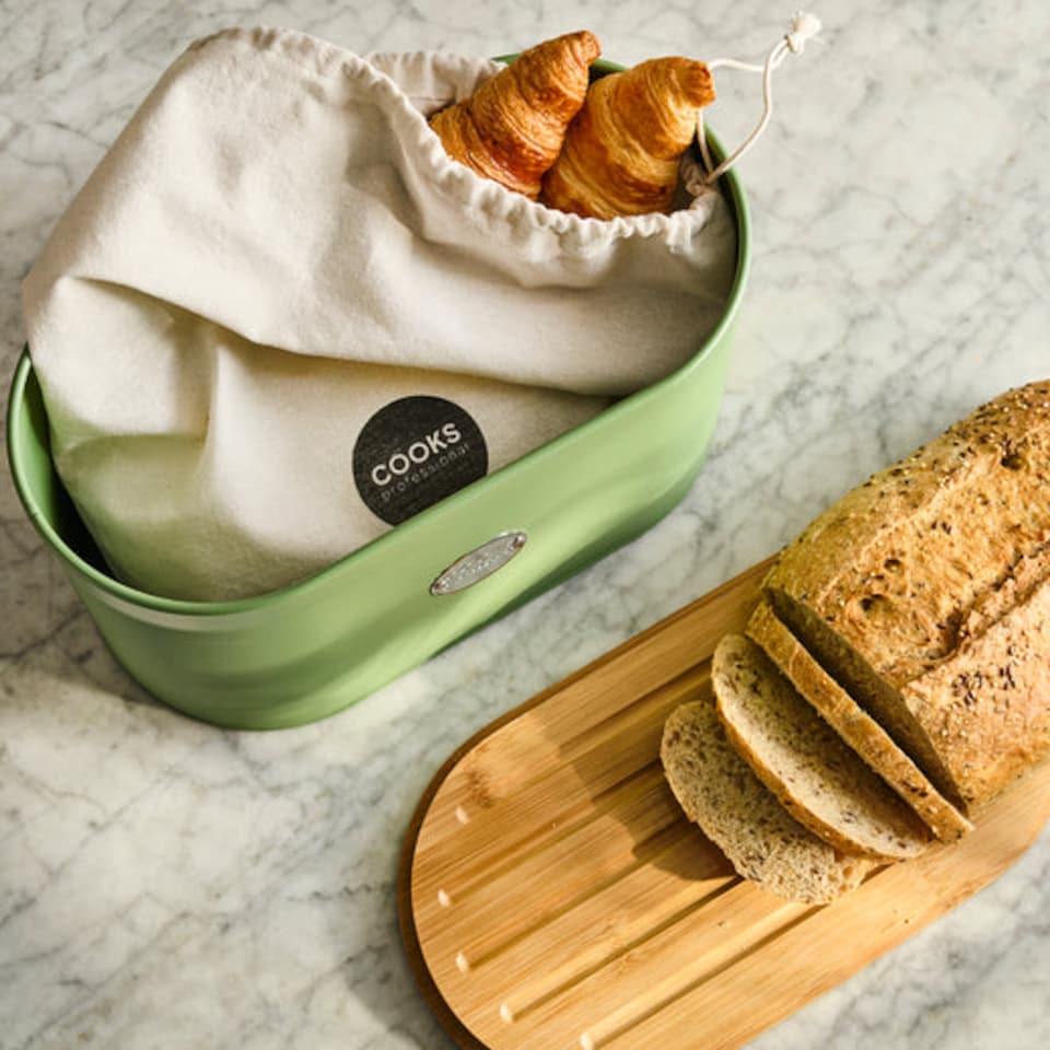 image 1 of Cooks Professional Ribbed Bread Bin, Linen Bag & Bamboo Board Set with Silver Label | Green | Green & Silver | 1