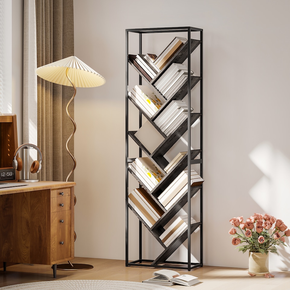 image 1 of HOMCOM Tree Bookshelf, 10 Tier Floor Standing Bookcase, Industrial Tall Display Storage Shelving Unit for Living Room, Home Office, Bedroom, Grey and Black | Black | Grey and Black