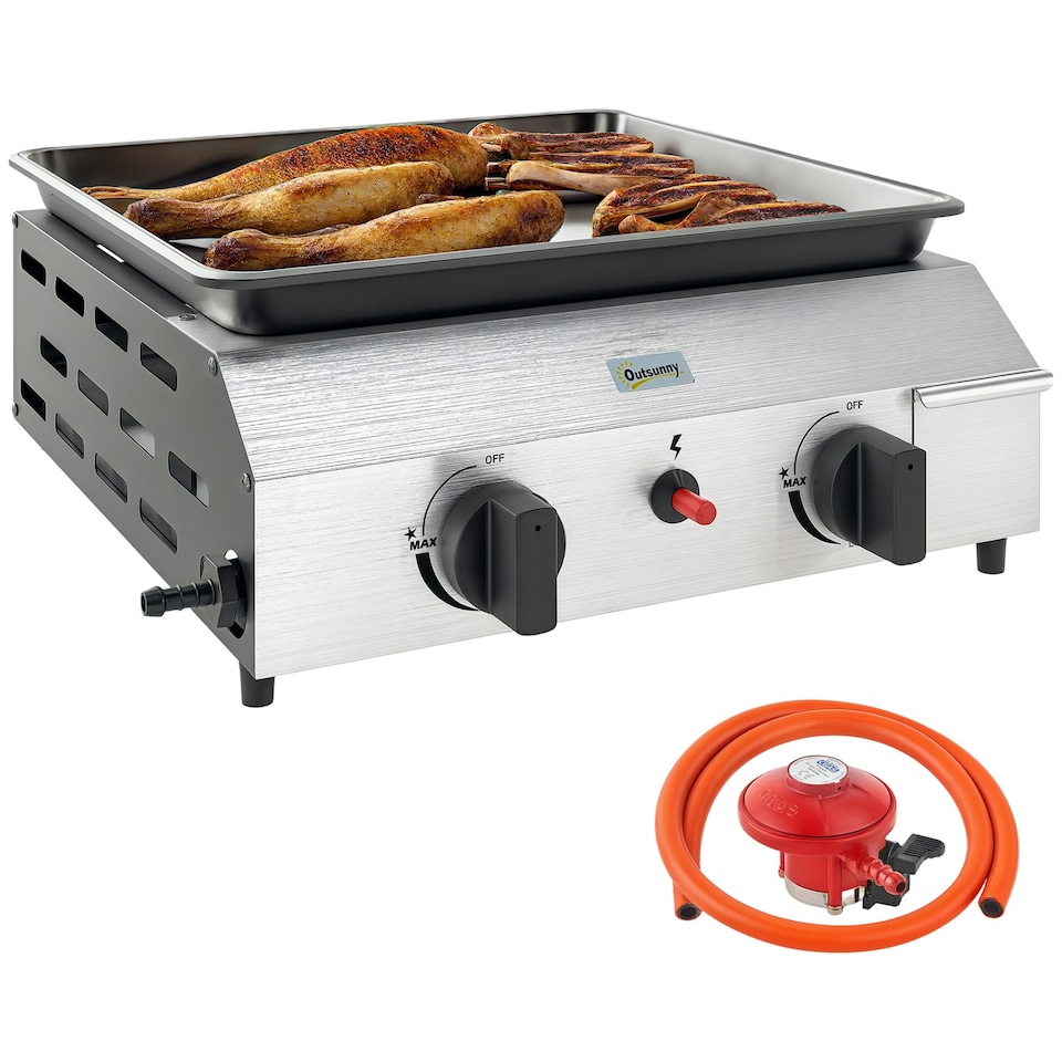 image 1 of Outsunny Gas Grill, Gas BBQ with Non-Stick Griddle for Camping, Silver Tone