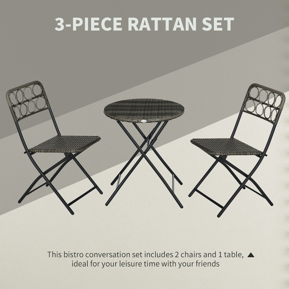image 1 of Outsunny 3 PCS Folding Rattan Wicker Bistro Set, Coffee Table Set