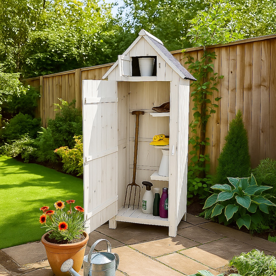 image 1 of JSH Bideford Tall 180cm Wooden Garden Storage Shed Unit with Pitched Roof - White