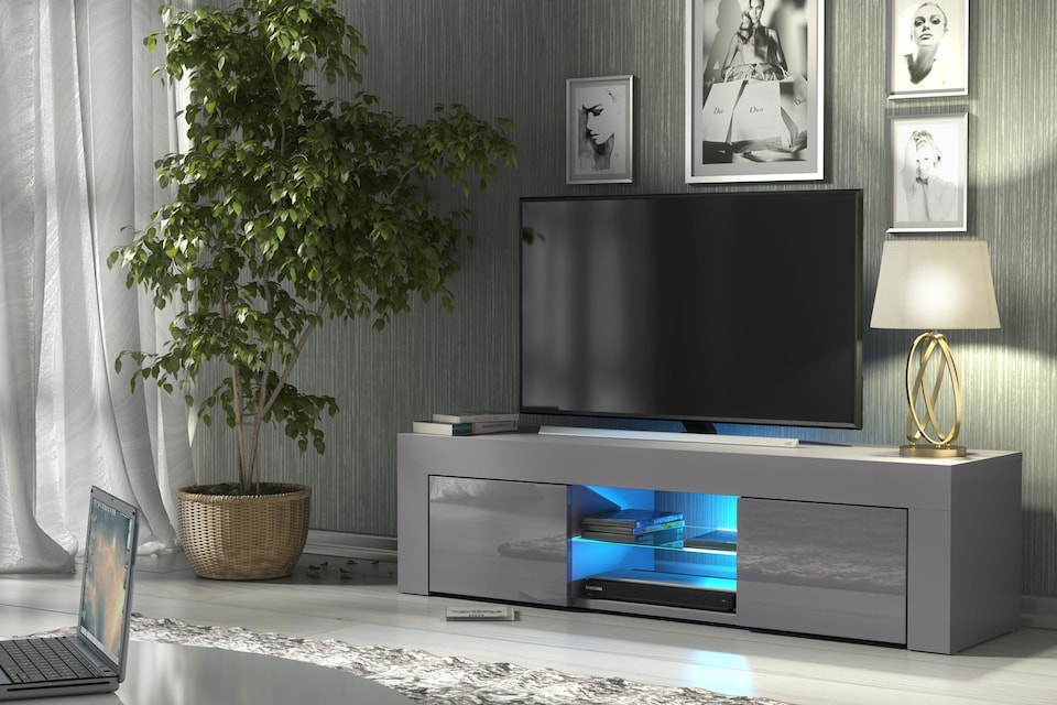 image 1 of TV Unit TV Stand Cabinet Sideboard Grey High Gloss Doors Free LED 130cm