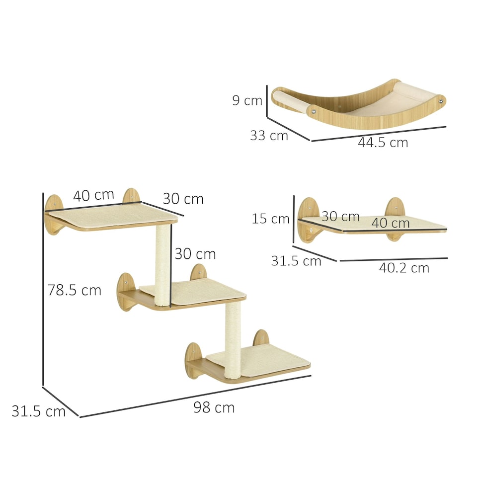 image 1 of PawHut 3PC Wall Mounted Cat Tree Climbing Shelf Set with Scratching Post Oak
