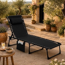 Black Folding Sun Lounger with Adjustable Backrest - Portable Sunbed Chair, Steel Frame, Oxford Fabric, Garden Recliner Bed