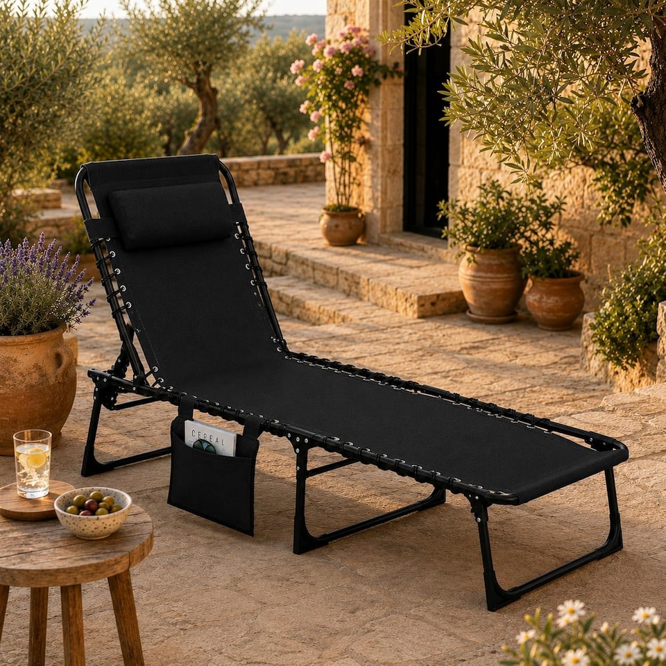 image 1 of Black Folding Sun Lounger with Adjustable Backrest - Portable Sunbed Chair, Steel Frame, Oxford Fabric, Garden Recliner Bed