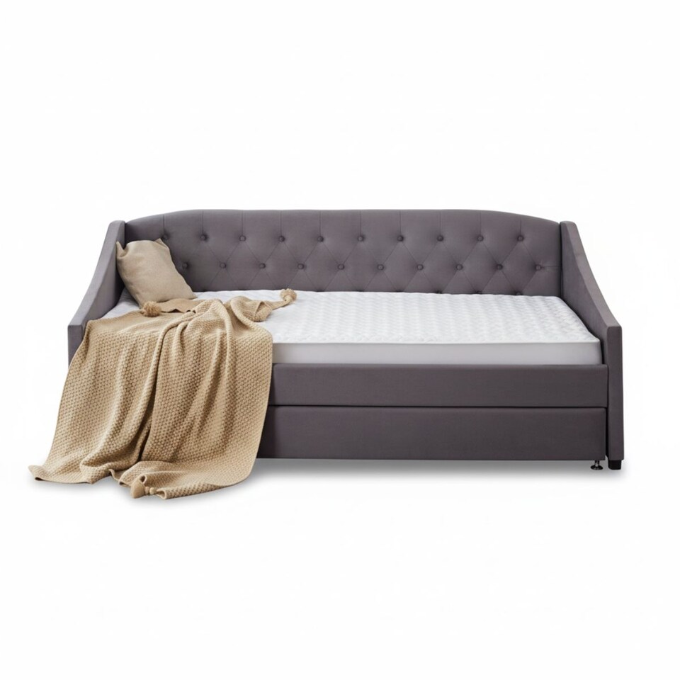 image 1 of Daybed with Trundle Grey 3ft with 2 Mattresses Twin Velvet Tufted Wooden with 2 Mattresses Bedroom Living Room
