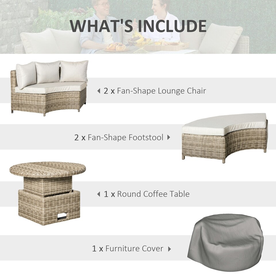 image 1 of Outsunny 5 PCs Outdoor Rattan Lounge Chair Round Daybed Table Set w/ Cushion