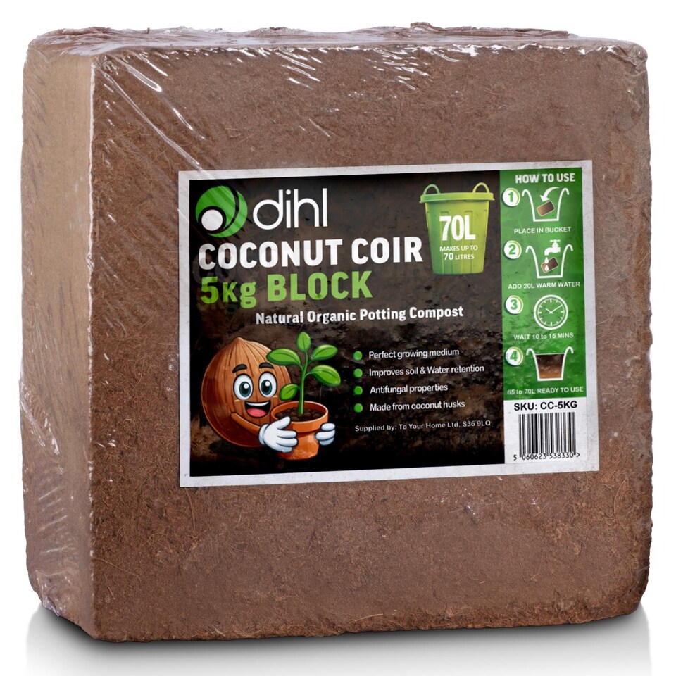 image 1 of Dihl 5KG Organic Coconut Coco Coir Fibre Compost Block Bricks, Expands to 70 Litres, 100% Natural Compressed Peat-Free Garden Growing Medium, Seedling Potting Bedding Soil, pH Balanced