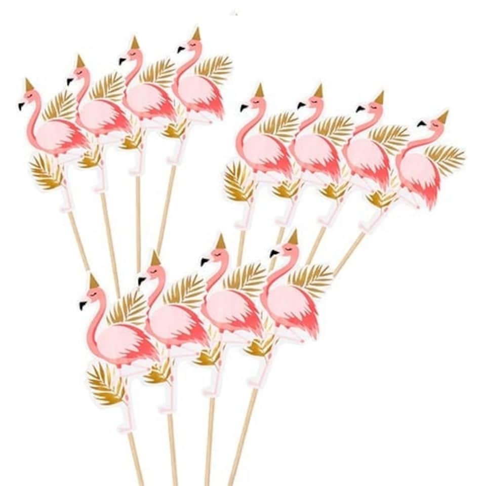 image 1 of Flamingo Gold Foil Food Cocktail Picks - Pack of 12