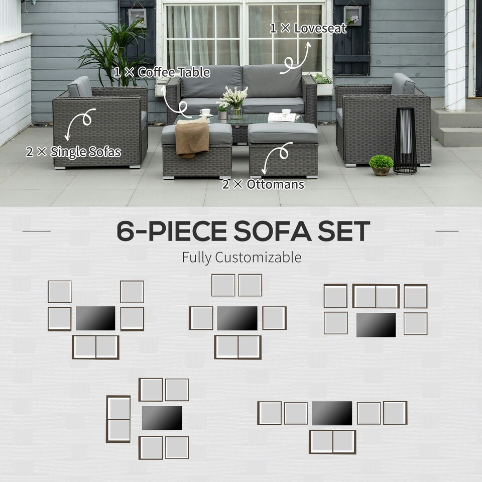 image 1 of Outsunny 6pc Garden Furniture Set Rattan Sofa Outdoor Wicker Table Ottoman Stool