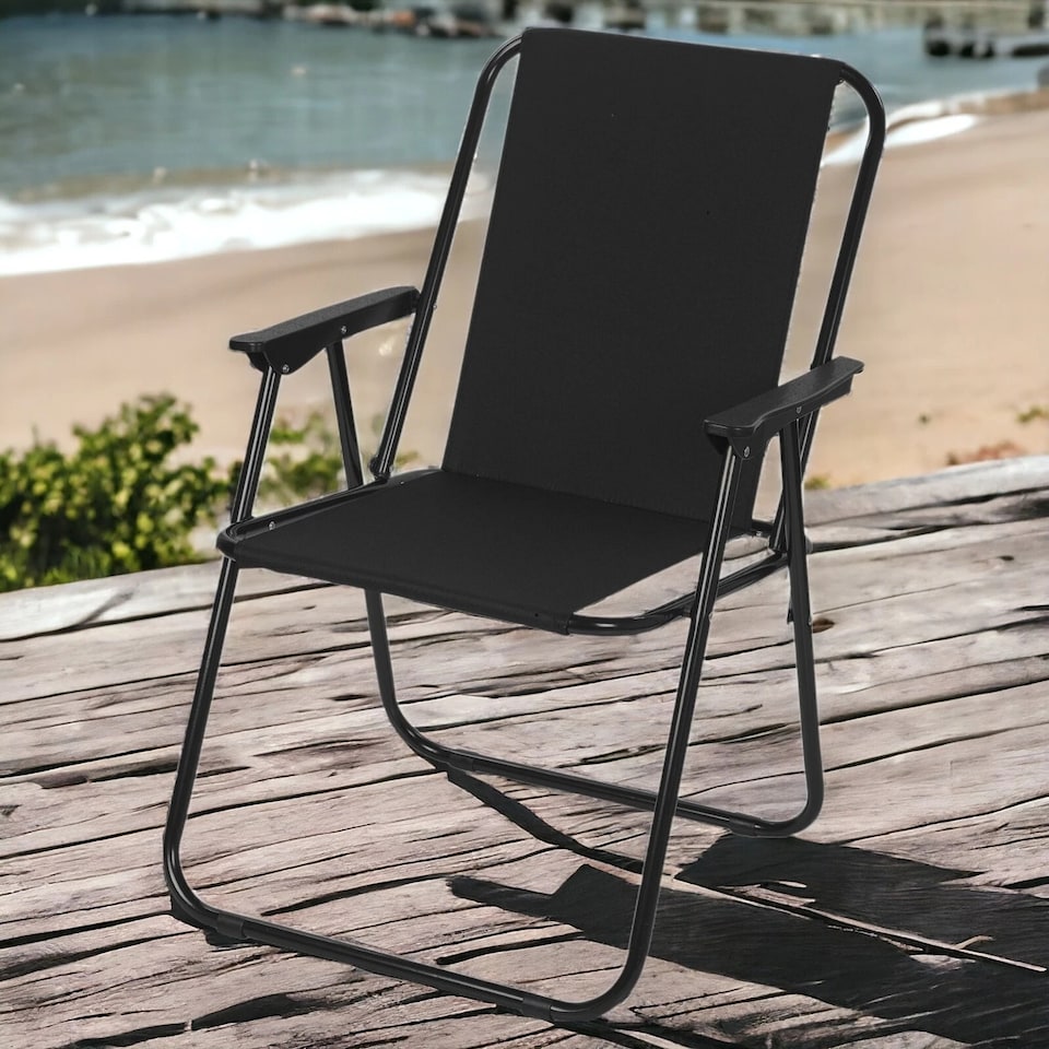 image 1 of Garden Patio Metal Folding Spring Deck Chairs Camping Beach Picnic Outdoor Seats | Black | 2 x Black