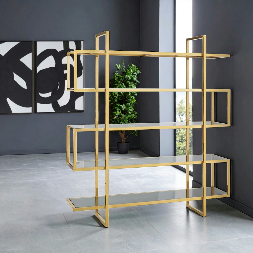 image 1 of Interiors by Premier Modular Maze Design Bookshelf, Contemporary Tall Book Shelf, Easily Maintained Book Storage Shelf For Lounge Gold