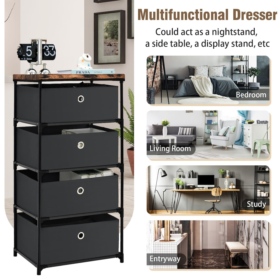 image 1 of COSTWAY 4 tier Fabric Dresser Large Capacity Storage Tower Drawers Black