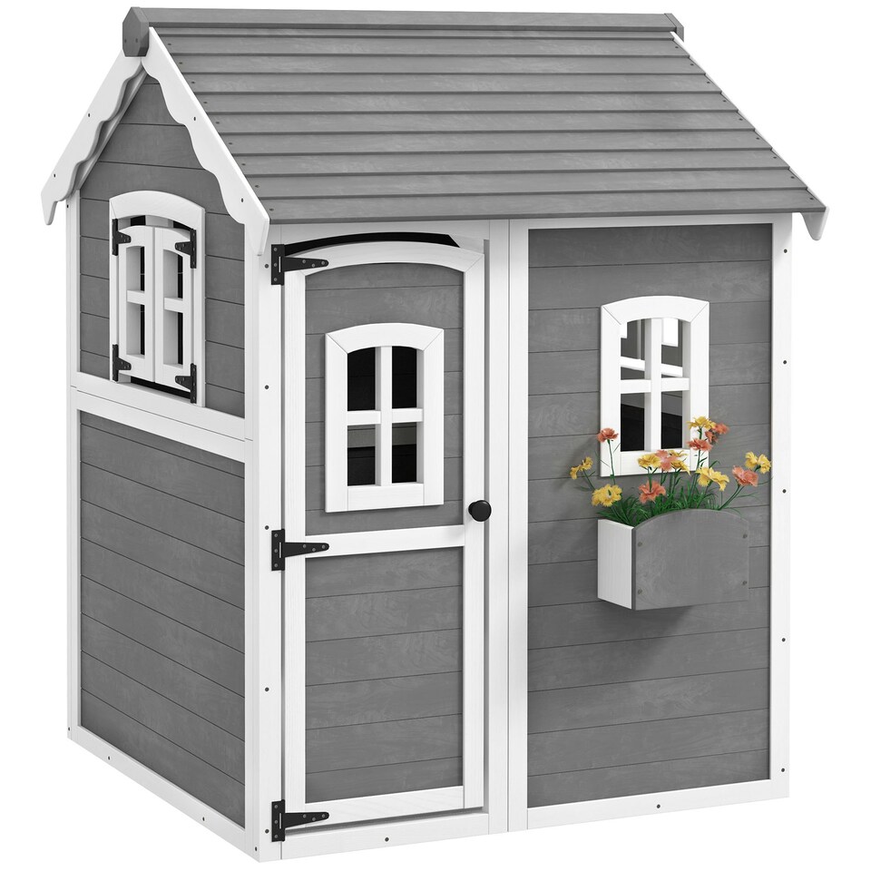 image 1 of Outsunny Wooden Wendy House for Kids with Floor, for Gardens, Patios - Grey