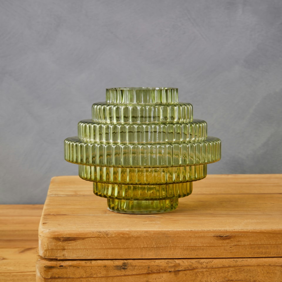 image 1 of Interiors by Premier Tiered Small Green Glass Vase, Eye Catching Layered Modern Vase, Ribbed Glass Vase, Decorative Vase Green