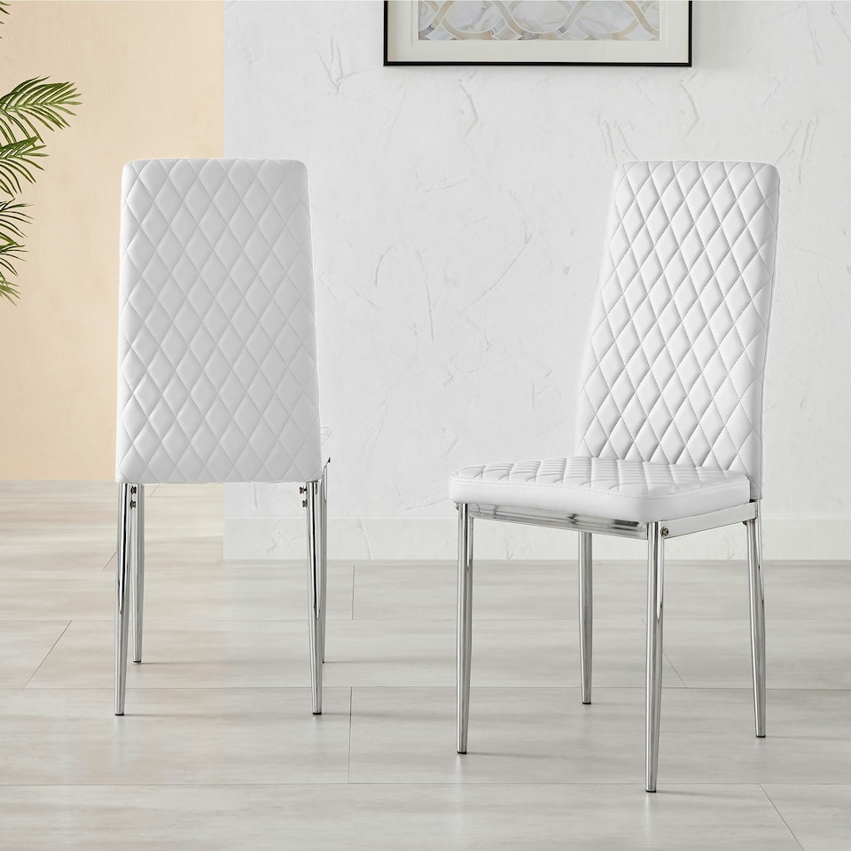 image 1 of Furniturebox 4x Milan White Chrome Hatched Faux Leather Dining Chairs