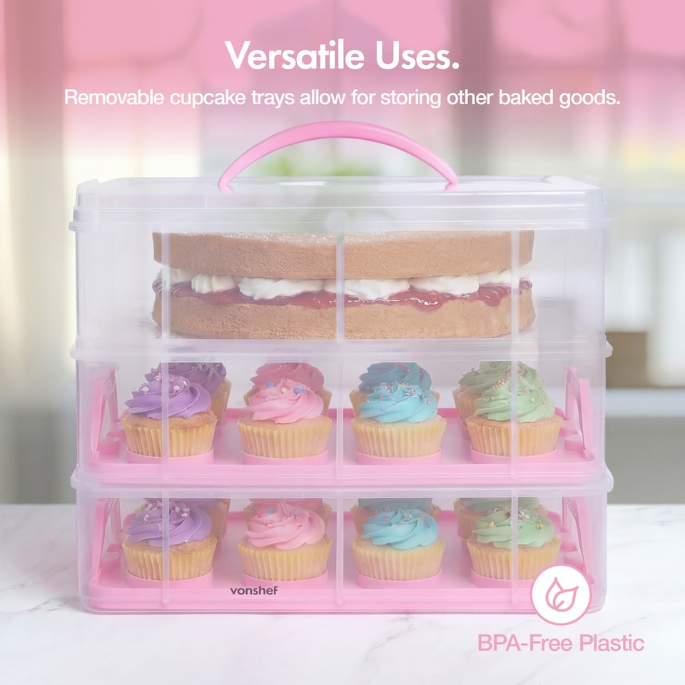 image 1 of VonShef Pink Cupcake Carrier with Handle 3 Tier Up to 36 Cakes