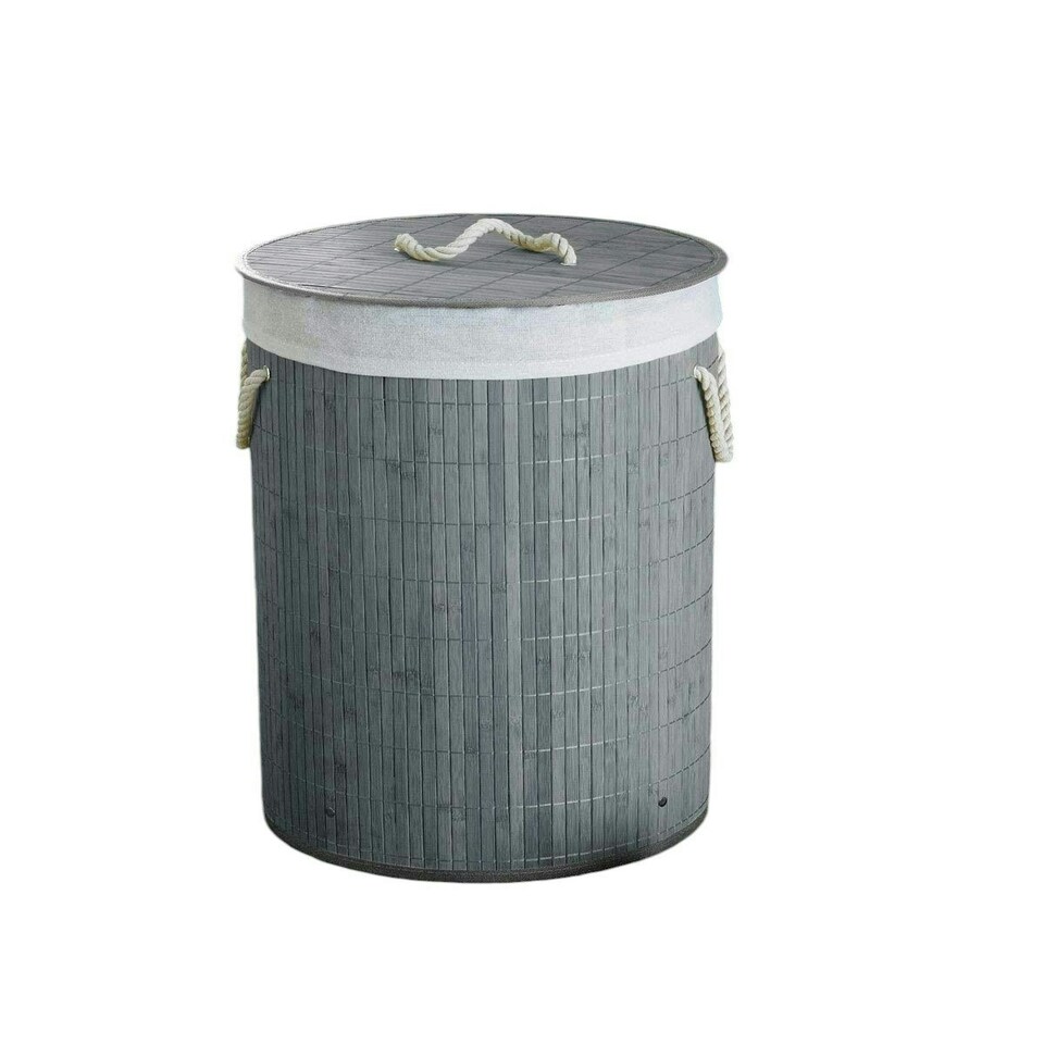 image 1 of Round Bamboo Laundry Basket Grey