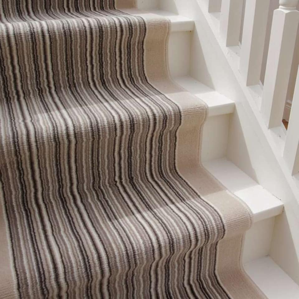 image 1 of KUKOON Beige Striped Cut to Measure Stair Carpet Runner Rug 70cm Wide 70cm x 1230cm