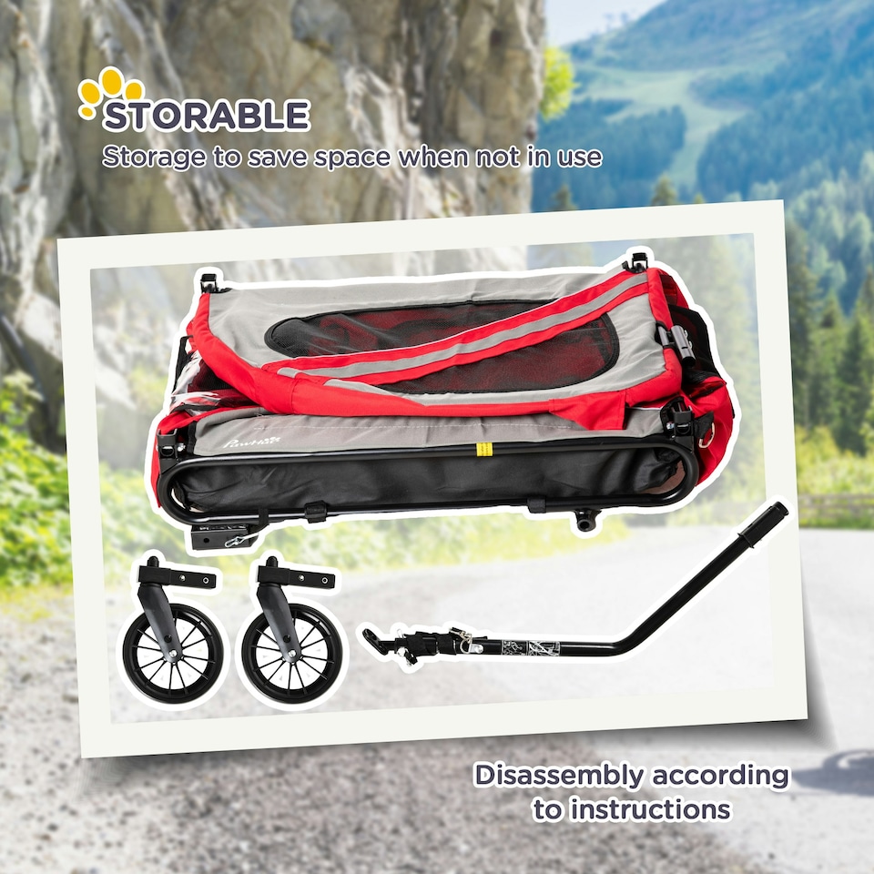 image 1 of PawHut 2-In-1 Dog Bike Trailer Stroller w/ Universal Wheel Reflector Flag Red