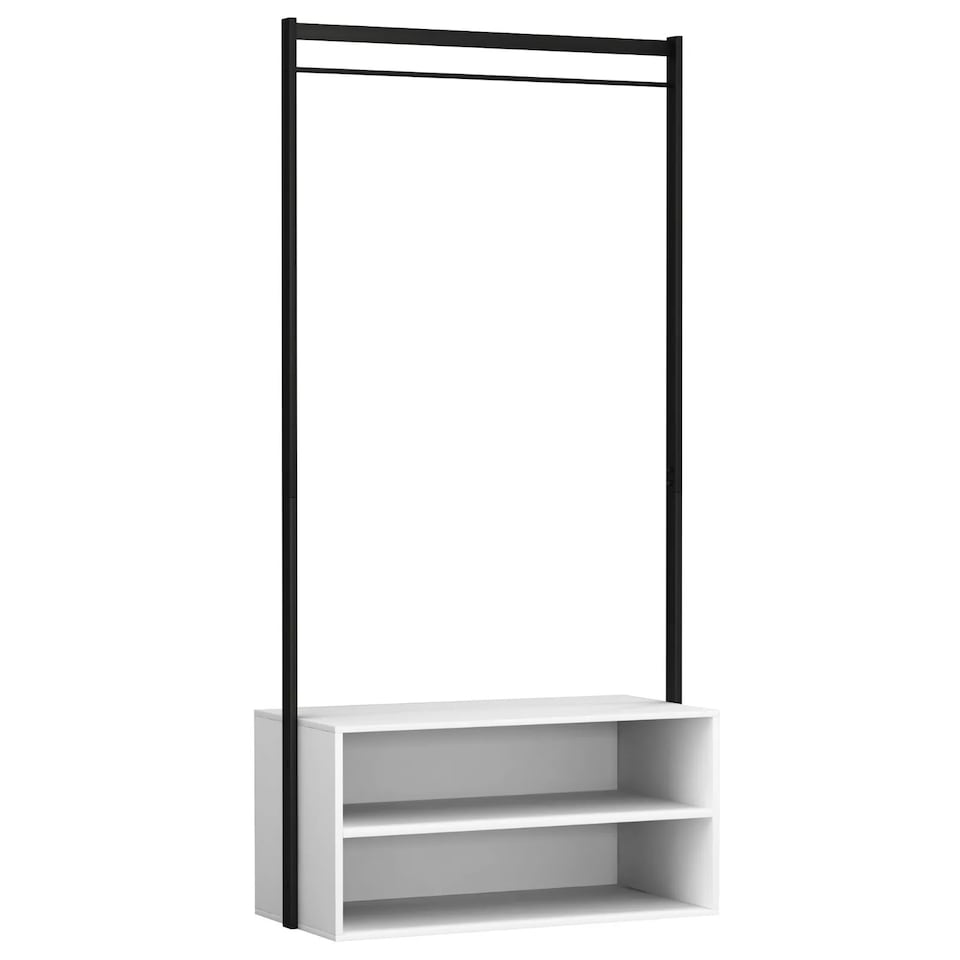 image 1 of Wooden Shoe Rack Shelf Storage and Metal Clothes Coat Garment Hanging Display Rail | White | White