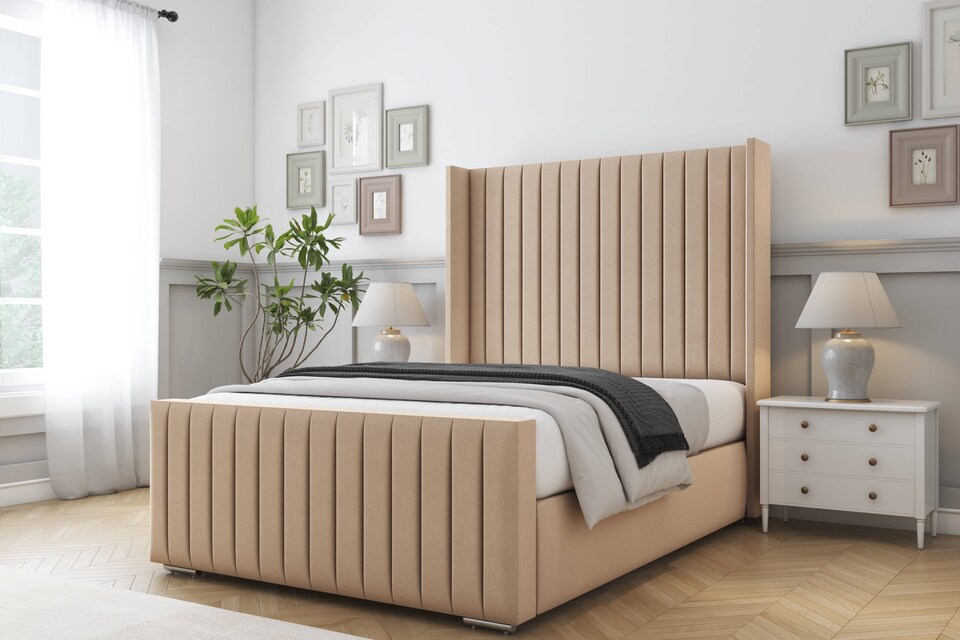 image 1 of Sloomy Marlborough Pebble Plush Bed Frame With 50" Upholstered Wingback Headboard 3' Single