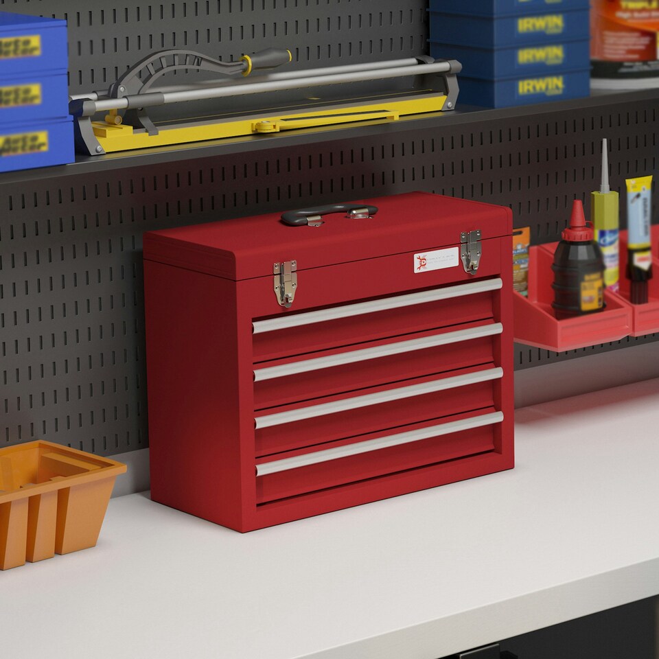 image 1 of DURHAND Lockable 4 Drawer Tool Chest with Ball Bearing Slide Drawers Red Black