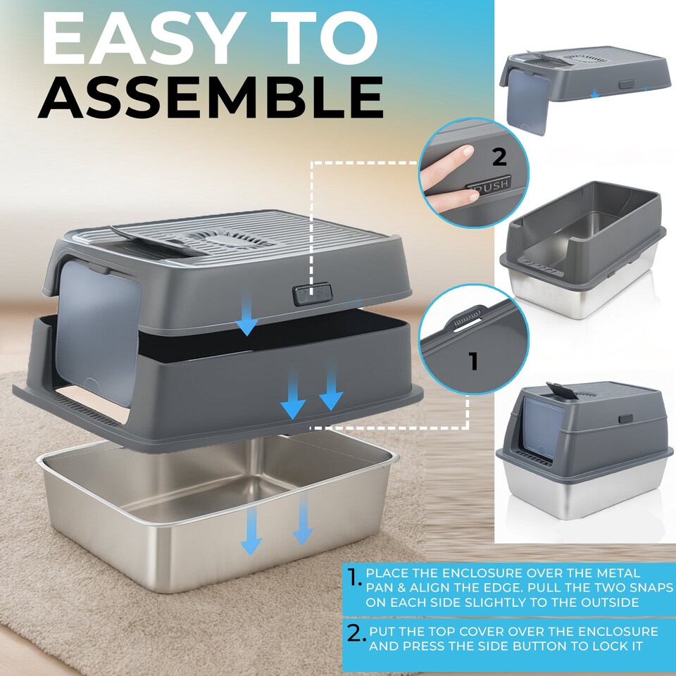 image 1 of IGAD XXL Stainless Steel Cat Litter Box – High Sides, Non-Stick, Easy Clean, Odour Control, Removable Lid & Scoop (Grey Double Entry)