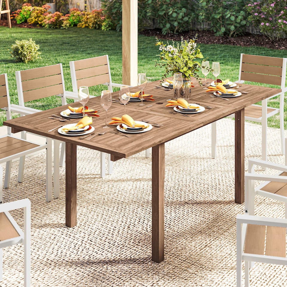 image 1 of Outsunny Extending Garden Table, Acacia Wood Outdoor Dining Table for 6-8 | Brown | Natural wood finish | 180L x 95W x 74H cm (extended); 140L x 95W x 74H cm (closed)