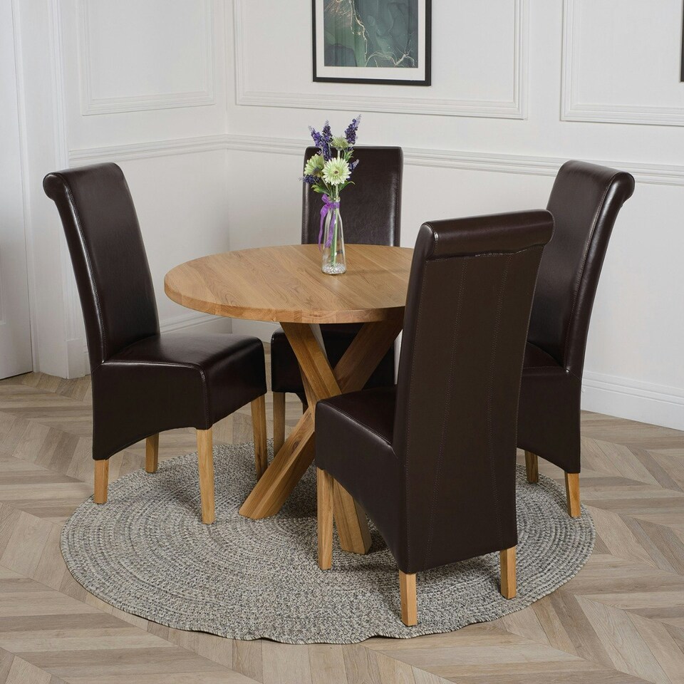 image 1 of Oregon Round Oak Dining Table with Montana Leather Chairs Brown