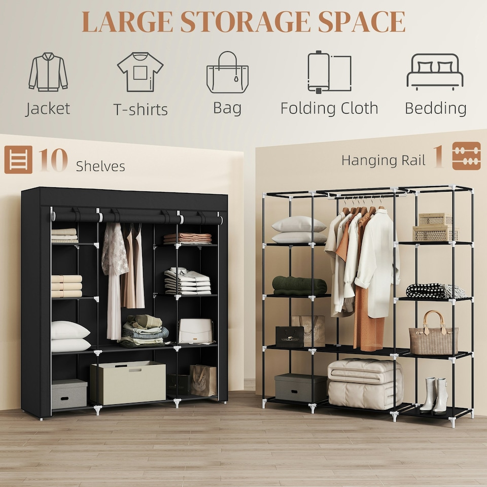 image 1 of HOMCOM Fabric Wardrobe with 10 Shelves 1 Hanging Rail Foldable Closets Black
