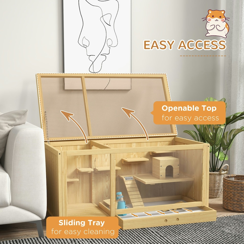 image 1 of PawHut Wooden Hamster Cage with Water Bottle, Platforms, Openable Roof