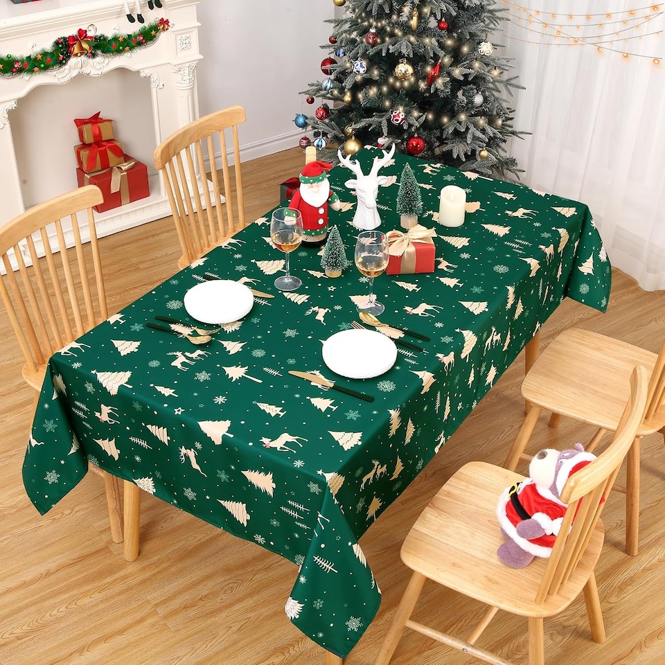 image 1 of London Boutique Christmas Tablecloth, Deer Pattern, Waterproof Table Cloth, 54 x 79 inch, Green