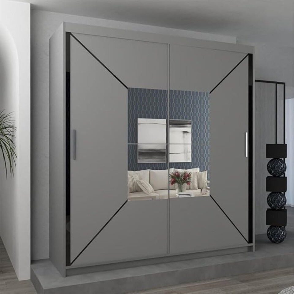 image 1 of Modern Geometric Mirror Sliding Door Wardrobe 180cm | White/Black/Grey 2-Door Bedroom Cabinet Grey | Grey180cm