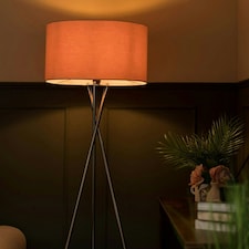 ValueLights Camden Brushed Chrome Tripod Floor Lamp Pink Shade & Bulb Pink
