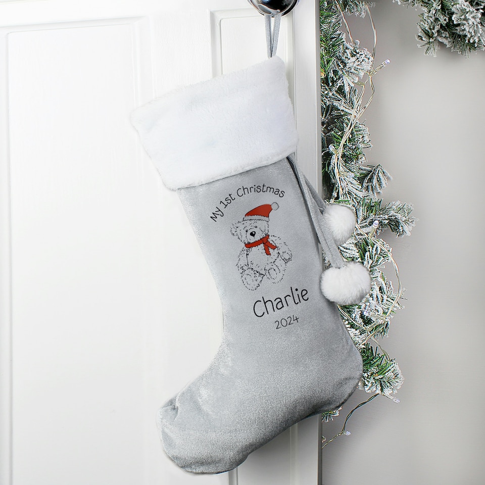 image 1 of Personalised My 1st Christmas Teddy Silver Grey Stocking