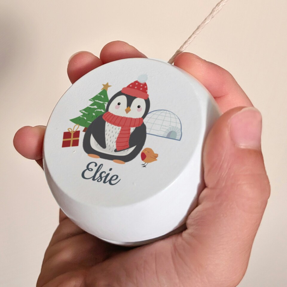 image 1 of Personalised Christmas Penguin White Wooden Yoyo