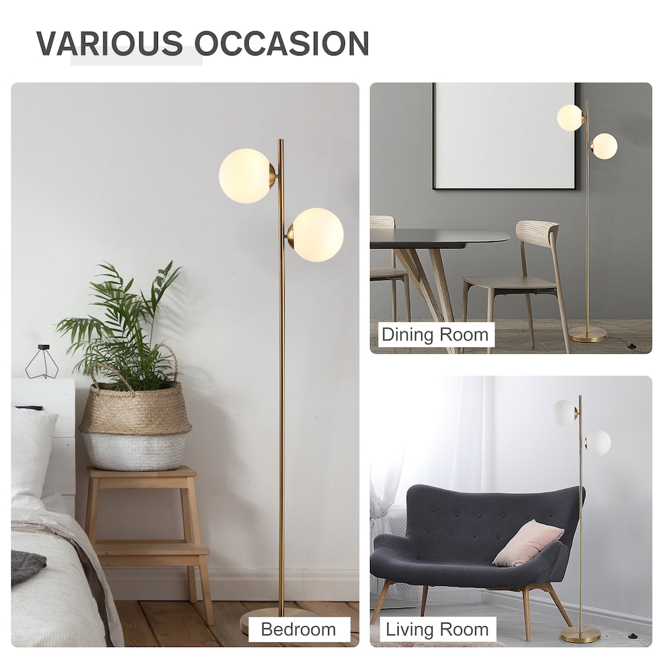image 1 of HOMCOM 2 Lights Tree Floor Lamp for Living Room with Globe Lampshade, Standing Lamp for Bedroom, Bulb not Included, Gold Tone