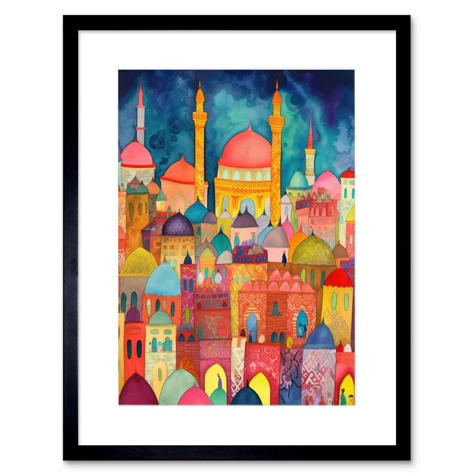 image 1 of Hagia Sophia Evening Cityscape Folk Art Watercolour 9x7" Black Framed Wall Art Print