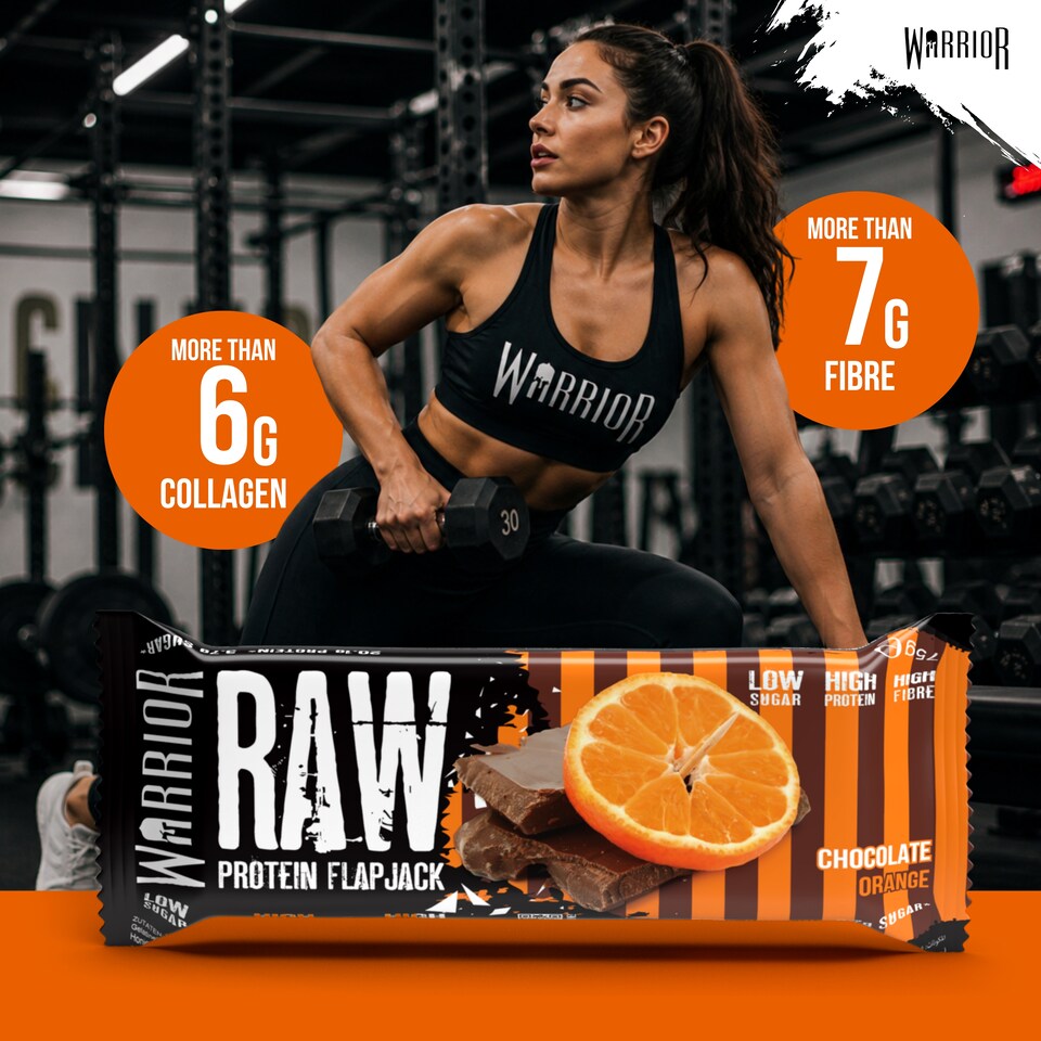 image 1 of Warrior RAW Protein Bars 12 x 75g – 20g High Protein Bar, Low Sugar High Fibre Oat Protein Flapjack – Protein Snacks, Meal Replacement Bars (Chocolate Orange)