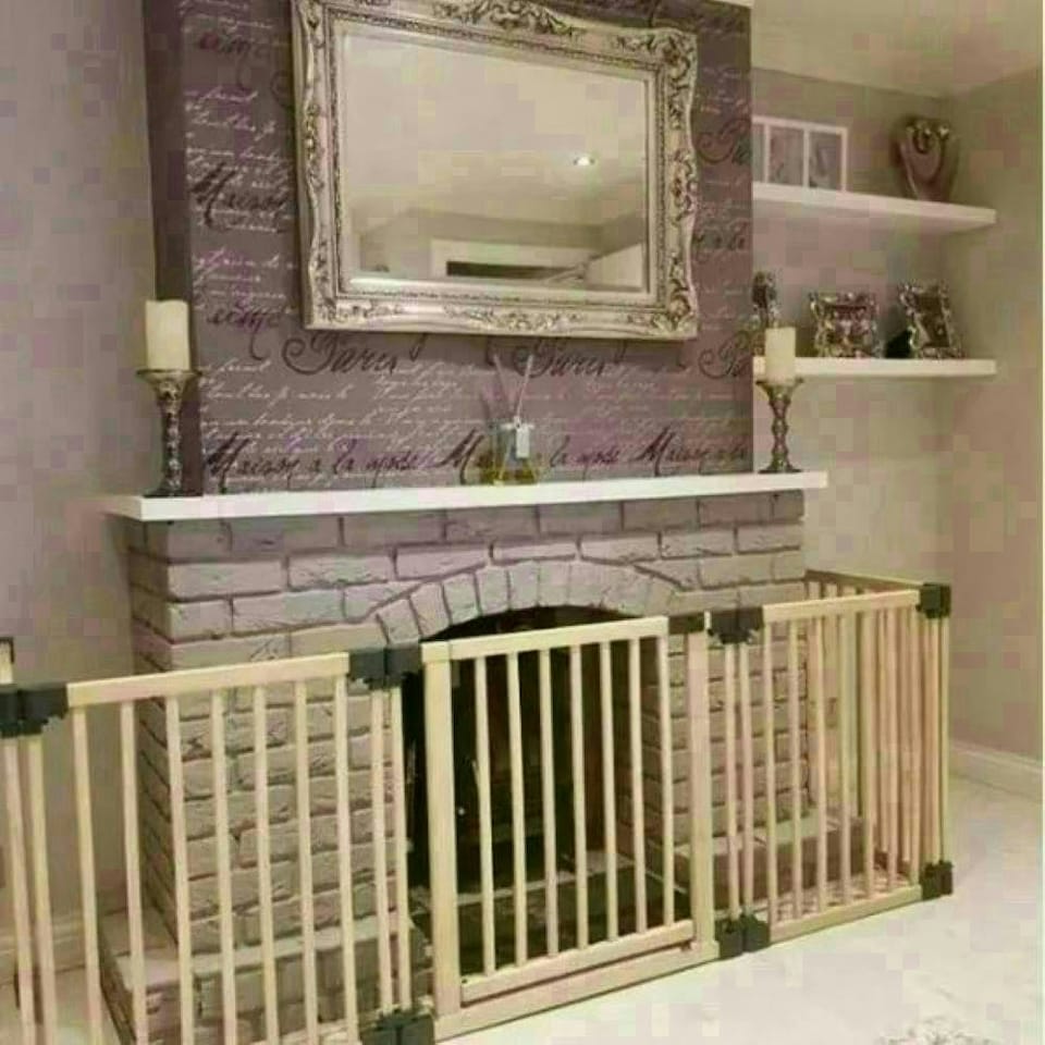image 1 of Safetots Wooden Multi Panel Fire Surround, 48cm Deep x 200cm Wide, Natural Wood, 76cm Tall, Baby and Toddler Fire Guard, Safety Barrier for Fireplaces